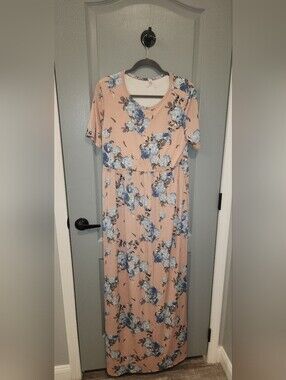 Bellamie Peach Maxi Dress with Blue Floral Print